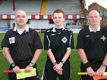 Evening Officials <p>Mr L Wallace, referee Keith Kennedy and Adrain Leckey</p>